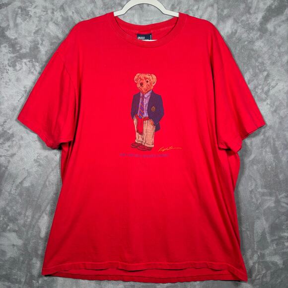 Vintage Polo Ralph Lauren Polo Bear Red T-Shirt USA Made XL - Picture 1 of 9